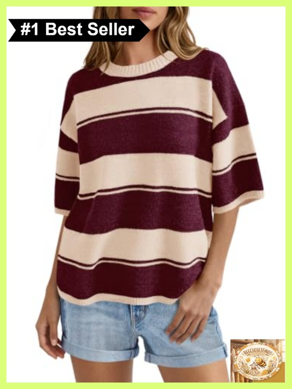 Striped Crewneck Short Sleeve Knit Sweater Pullover Loose Fit Casual
